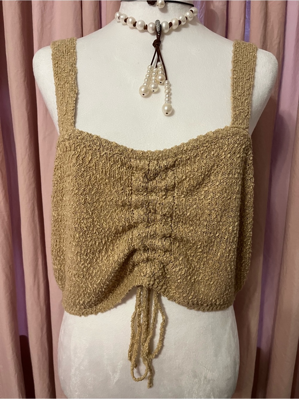 Textured Drawstring Crop Tank Top - Tan